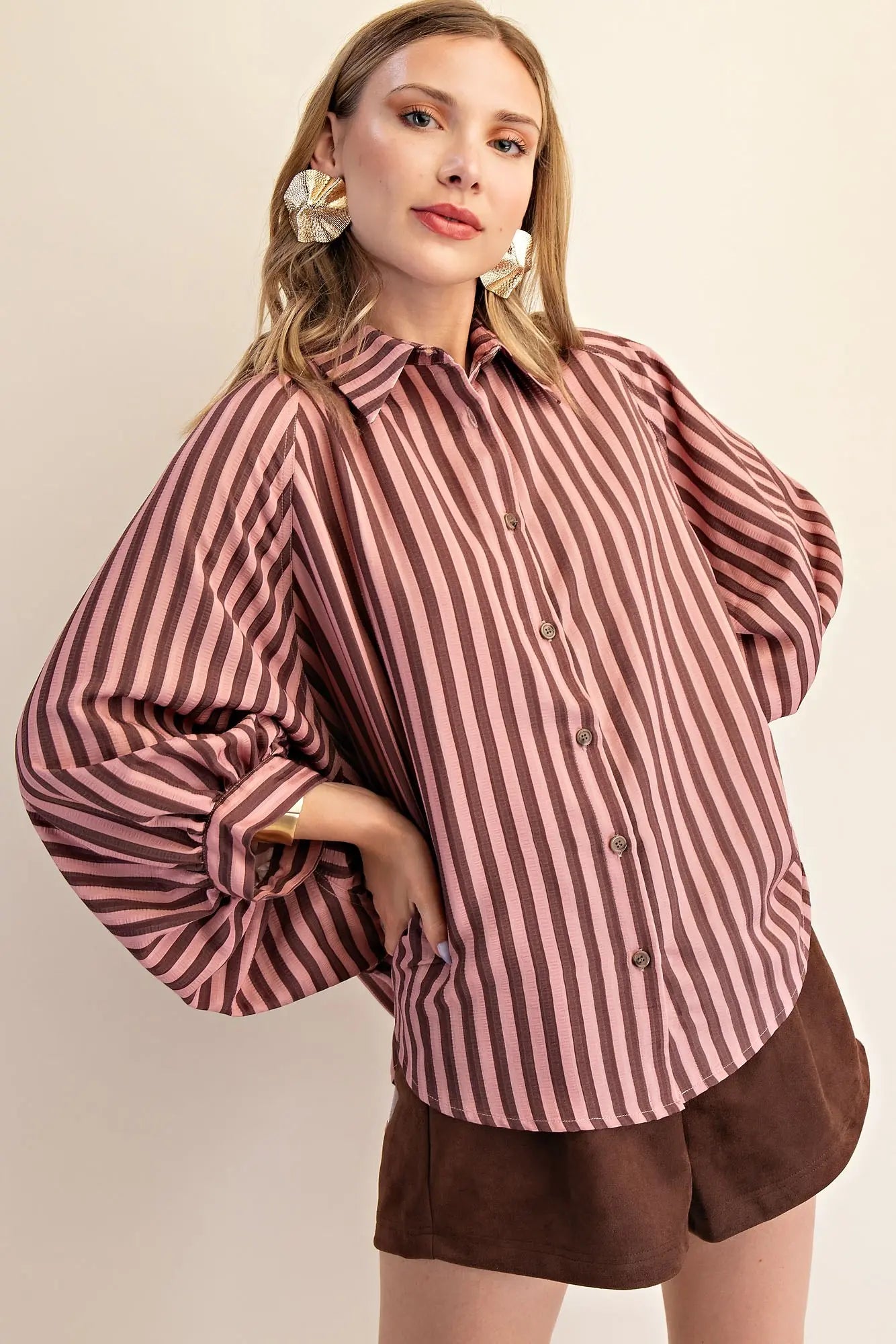 Balloon Sleeve Top — Pink/Brown