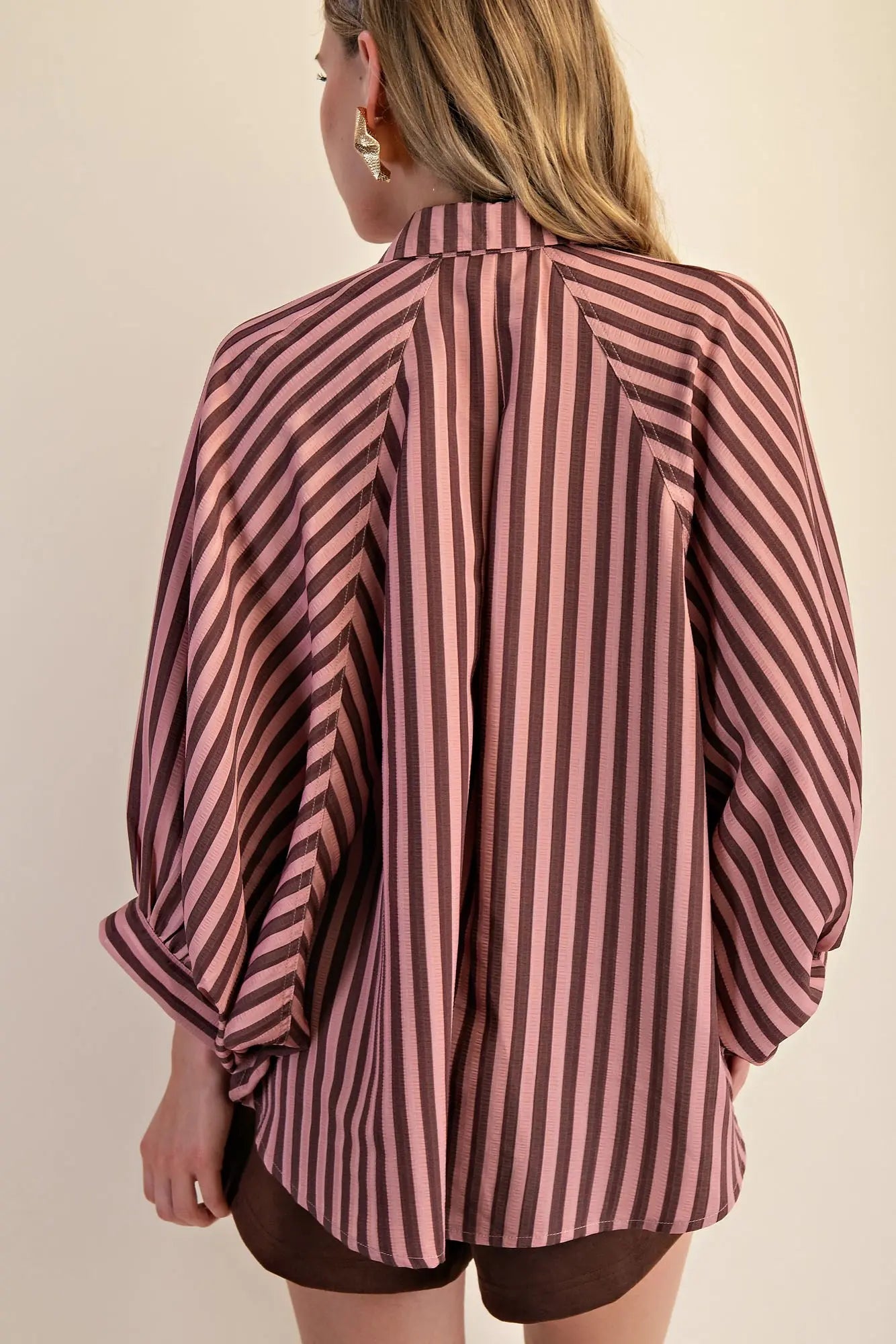 Balloon Sleeve Top — Pink/Brown
