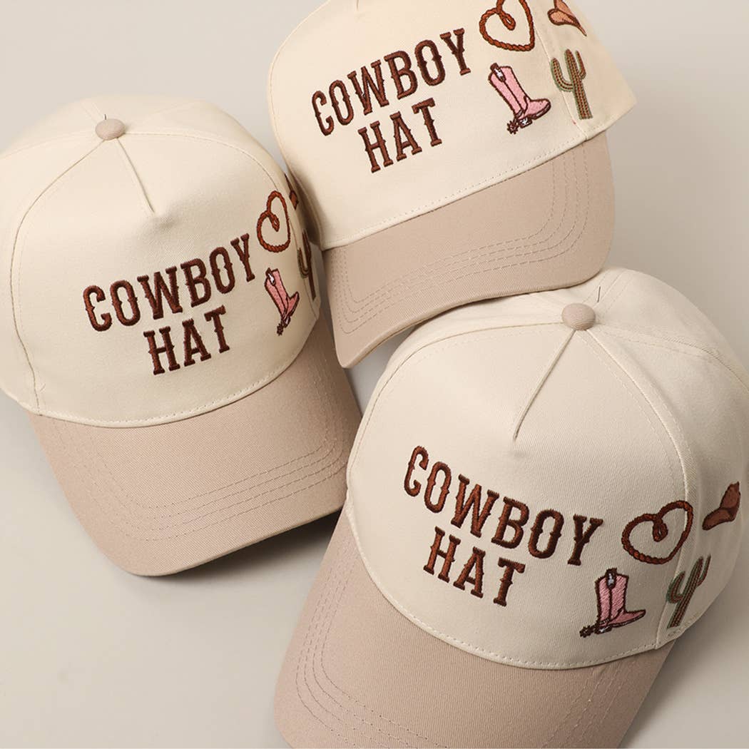 Cowboy Hat Cactus Heart Embroidery Trucker Hat: Beige / ONE SIZE