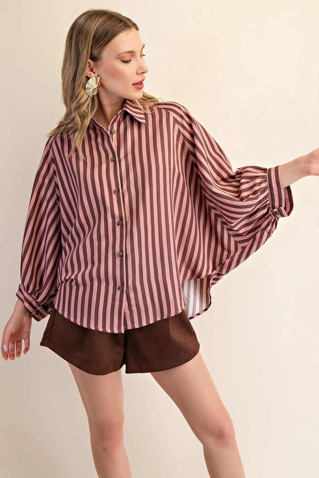 Balloon Sleeve Top — Pink/Brown