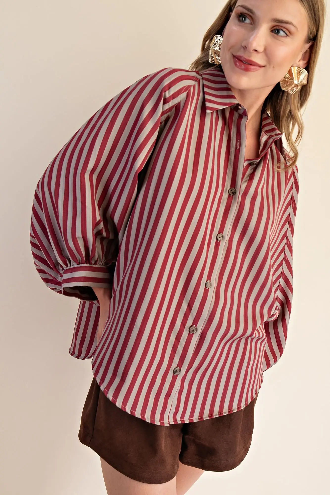 Balloon Sleeve Top — Crimson/Grey