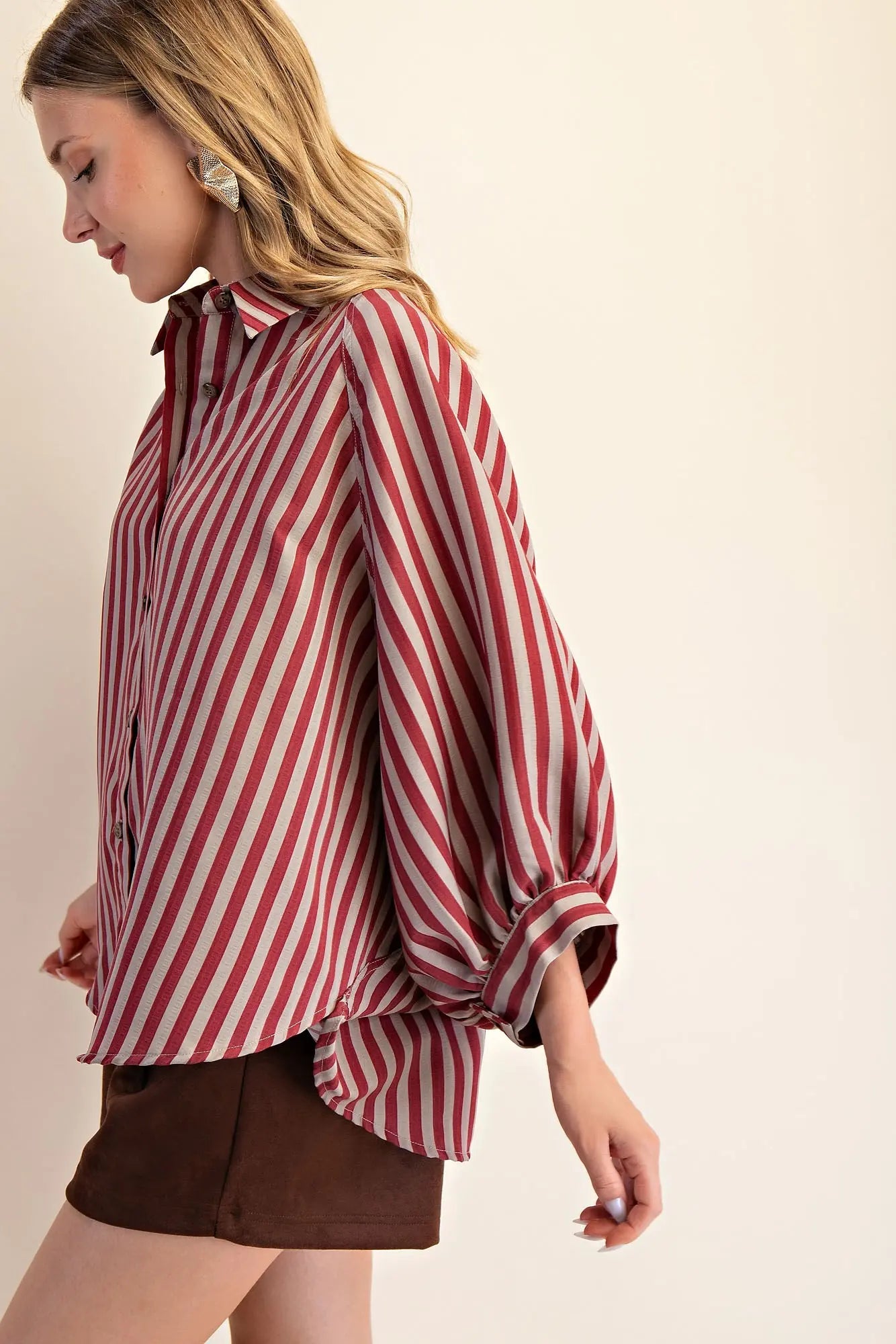 Balloon Sleeve Top — Crimson/Grey