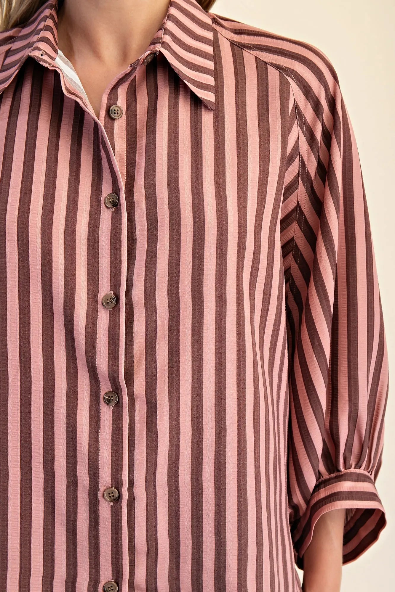 Balloon Sleeve Top — Pink/Brown
