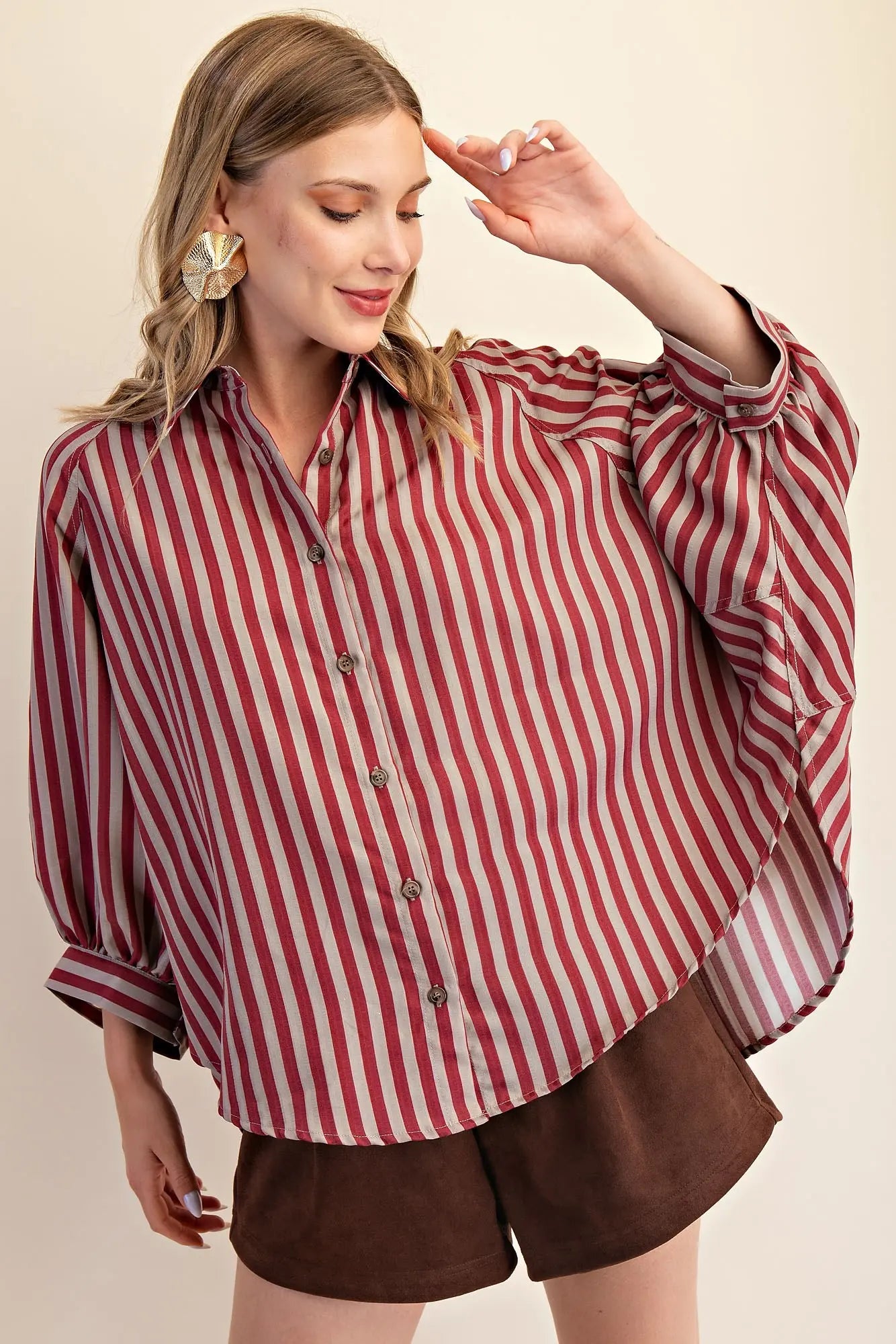 Balloon Sleeve Top — Crimson/Grey