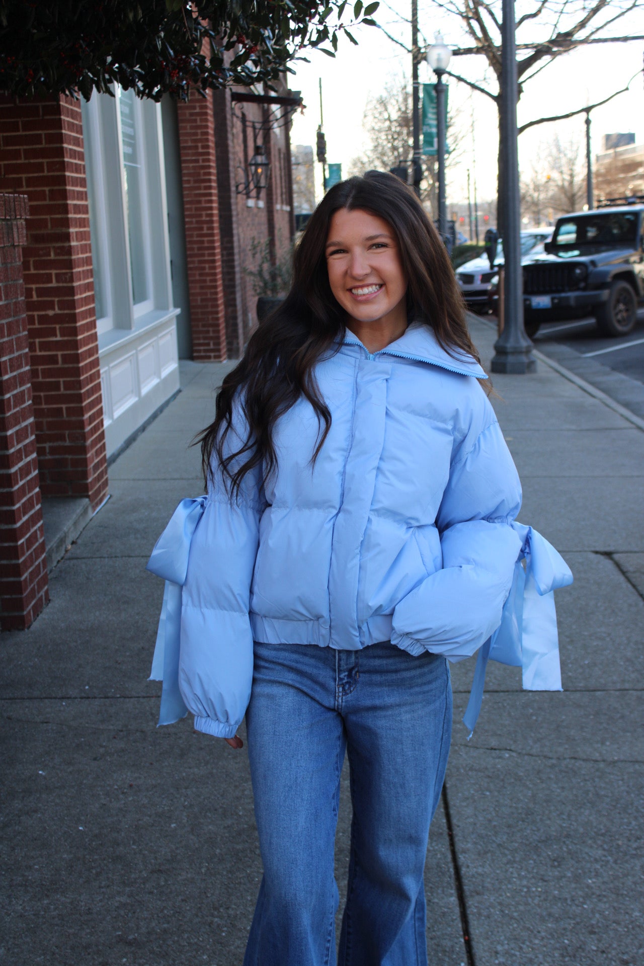 Bow Puffer Jacket — Blue