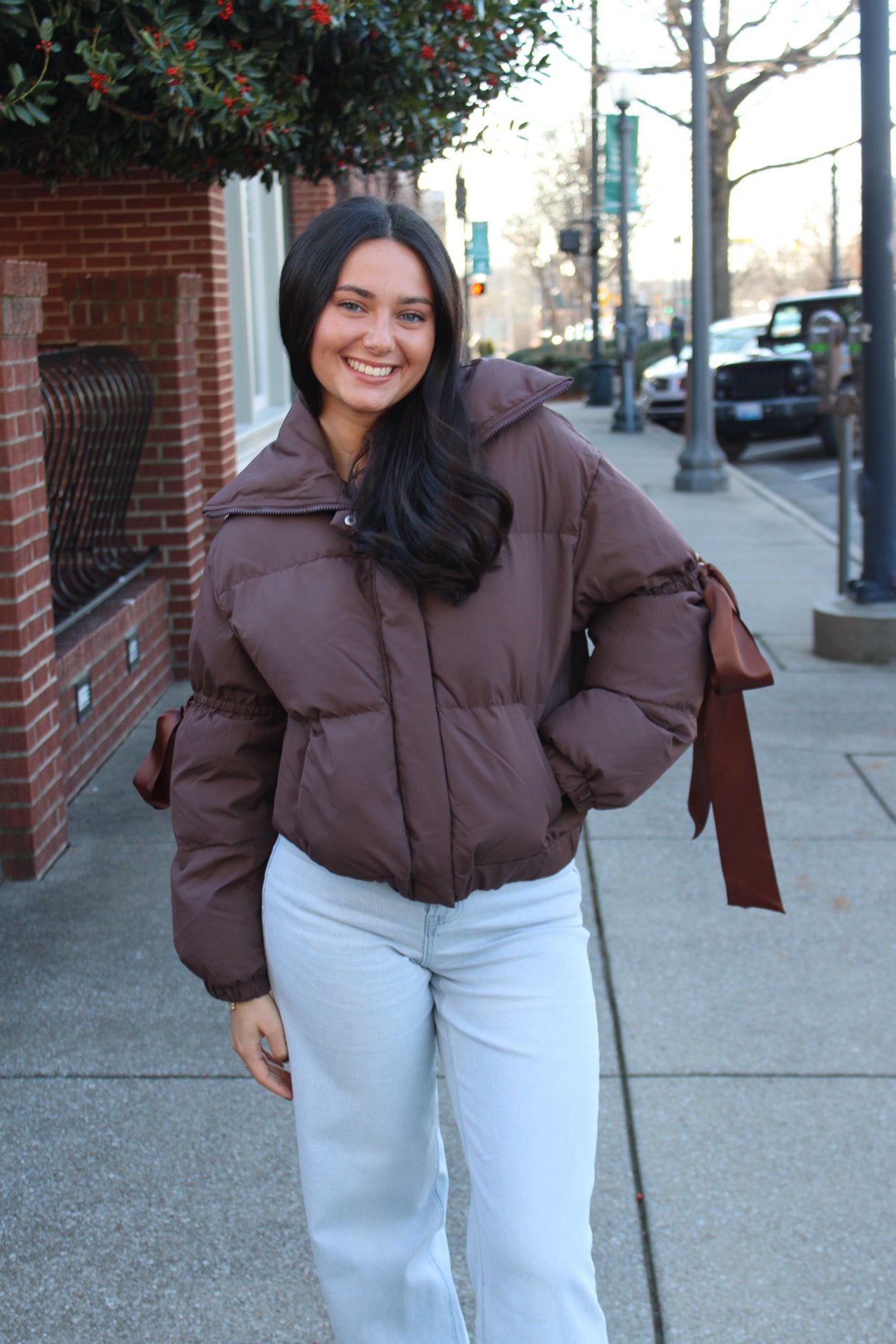 Bow Puffer Jacket — Brown