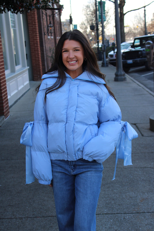 Bow Puffer Jacket — Blue