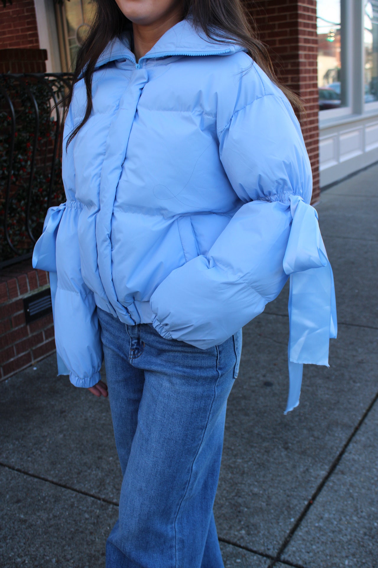 Bow Puffer Jacket — Blue