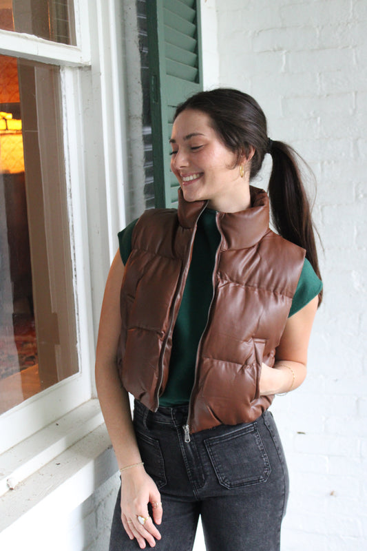 Leather Cropped Puffer Vest