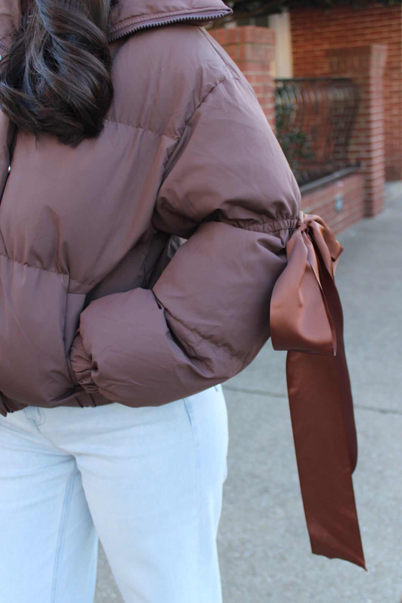 Bow Puffer Jacket — Brown