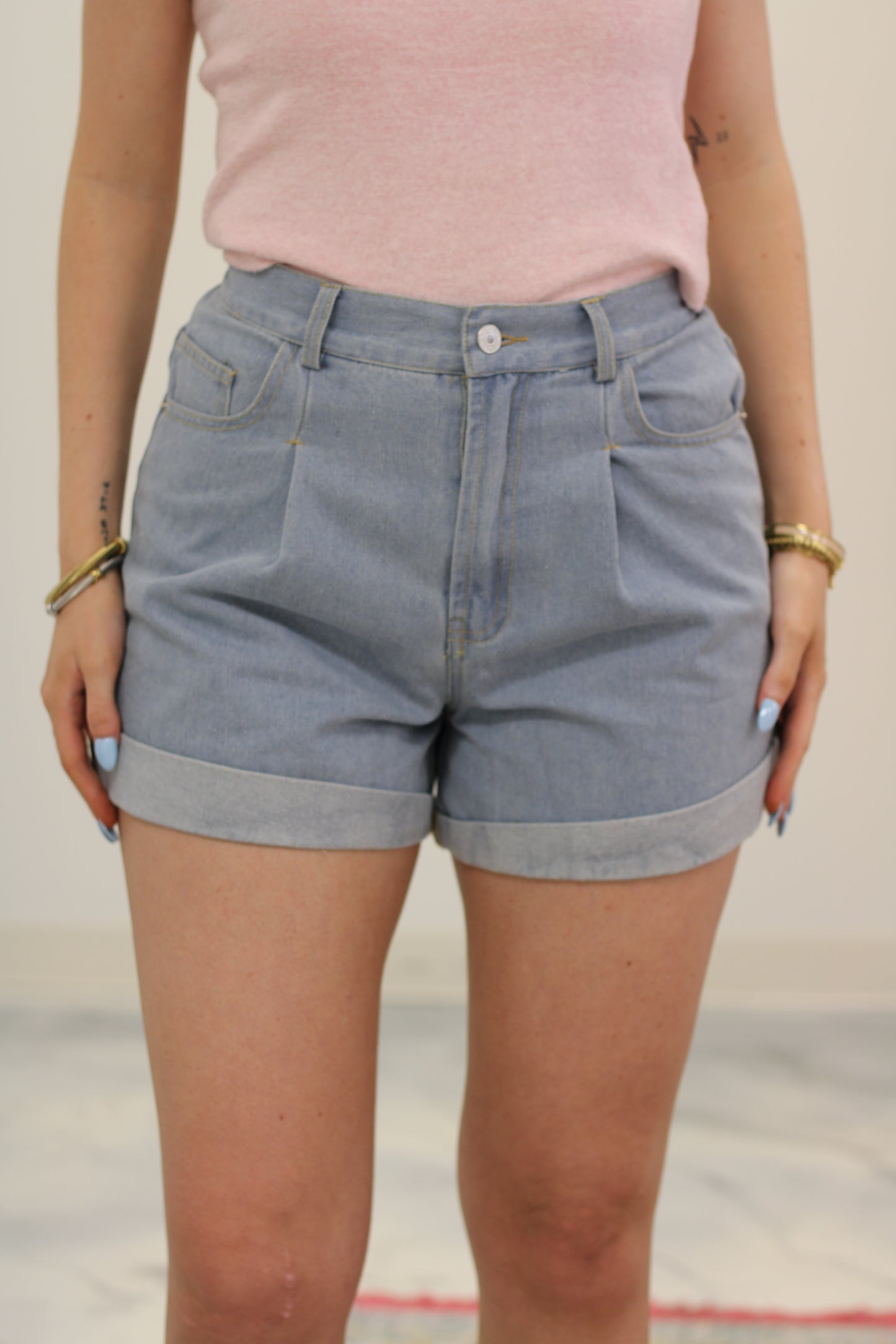 Pleated Denim Shorts