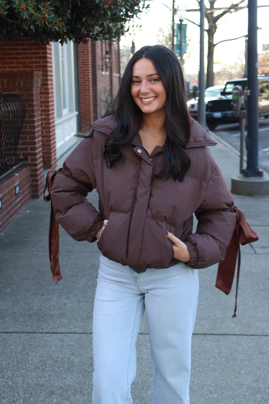 Bow Puffer Jacket — Brown